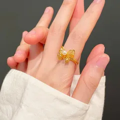 Luxurious Gold Butterfly Ring For Women With Electroplated Finish And Imitation Pearl Inlay 4