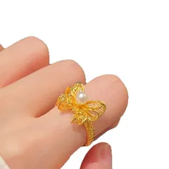 Luxurious Gold Butterfly Ring For Women With Electroplated Finish And Imitation Pearl Inlay 5