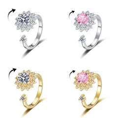 Gold Copper Flowers Ring For Women With Rotatable Craft And Zircon Inlay, Anxiety Jewelry