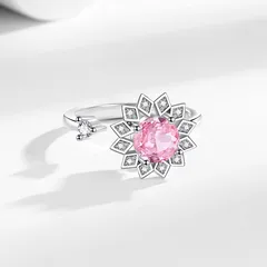 Gold Copper Flowers Ring For Women With Rotatable Craft And Zircon Inlay, Anxiety Jewelry 3