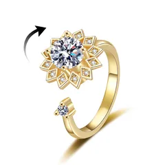 Gold Copper Flowers Ring For Women With Rotatable Craft And Zircon Inlay, Anxiety Jewelry 4