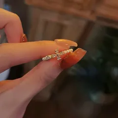 Gold Cross Open Ring For Women With KC Golden Plated Coating 0.03µm-0.05µm Featuring Rhinestones, 1 Piece 2