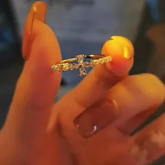 Gold Cross Open Ring For Women With KC Golden Plated Coating 0.03µm-0.05µm Featuring Rhinestones, 1 Piece 3