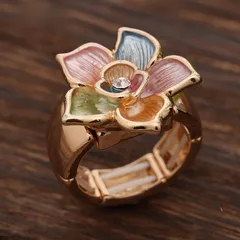 Gold Flowers Adjustable Ring For Women With Enamel Craft And Rhinestone Inlay, Made Of Zinc Alloy