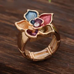 Gold Flowers Adjustable Ring For Women With Enamel Craft And Rhinestone Inlay, Made Of Zinc Alloy 3