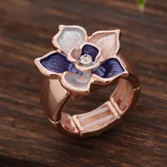 Gold Flowers Adjustable Ring For Women With Enamel Craft And Rhinestone Inlay, Made Of Zinc Alloy 4