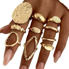 Set Of 10 Gold Geometric Open Rings For Women In Metal Featuring Electroplated Finish