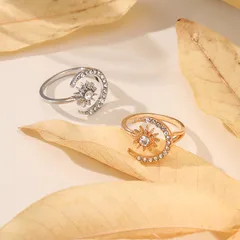 Luxurious Gold Moon Open Ring For Women With Bezel Setting And Rhinestones In Zinc Alloy 3