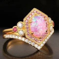 Golden Electroplated Flowers Rings For Women Featuring October Birthstone Opal, 1 Pair Metal Rings