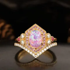 Golden Electroplated Flowers Rings For Women Featuring October Birthstone Opal, 1 Pair Metal Rings 2