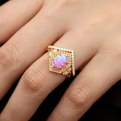 Golden Electroplated Flowers Rings For Women Featuring October Birthstone Opal, 1 Pair Metal Rings 3