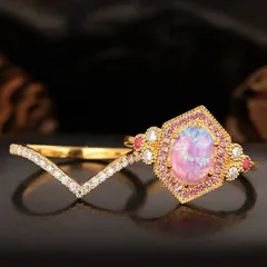 Golden Electroplated Flowers Rings For Women Featuring October Birthstone Opal, 1 Pair Metal Rings 4