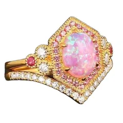 Golden Electroplated Flowers Rings For Women Featuring October Birthstone Opal, 1 Pair Metal Rings 5