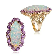 Golden Plated Metal Flowers Ring For Women Featuring Electroplated Craftsmanship And October Birthstone Opal Inlay