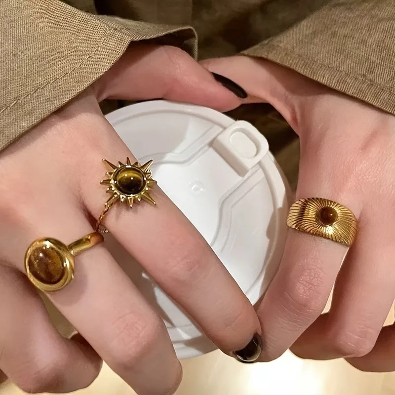 Golden Sun Flower Tiger Eye Ring Women's  New High-grade Sense Ring Niche Design Unique Ring 5