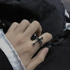 Halloween Dark Style Cross Open Ring In Dark Alloy For Unisex