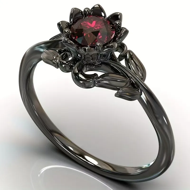 Sweet Handmade Alloy Rings For Women Featuring Dyed Black Flowers With Zircon Inlay 5