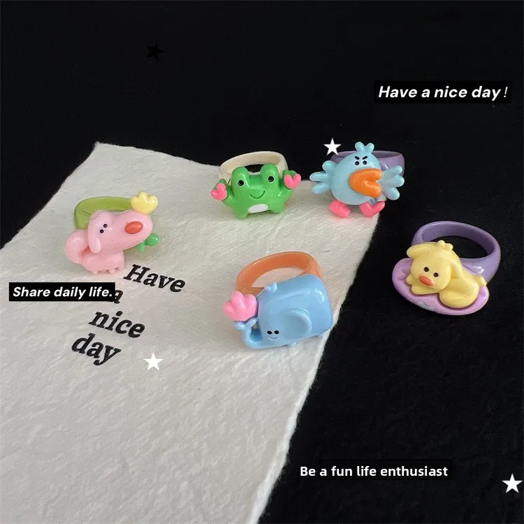 Handmade Colorful Cartoon Ring For Kids Cute Little Elephant Frog Dog Finger Ring Matching Best Friend Ring Animal Pattern Unisex 5