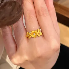 Handmade Copper Flowers Ring For Women With Zircon Inlay In Elegant Gold 4