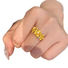 Handmade Copper Flowers Ring For Women With Zircon Inlay In Elegant Gold 5