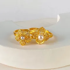 Handmade Flowers Open Ring For Women In Gold Electroplated Copper