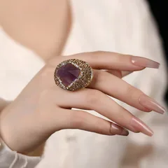 Handmade Irregular Pattern Ring For Adults With Natural Stone Agate And Bronze Water Plating 5