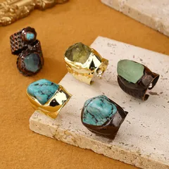 Handmade Irregular Ring For Adults With Natural Stone Turquoise, Featuring Golden Plated Water Plating