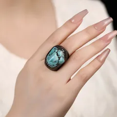 Handmade Irregular Ring For Adults With Natural Stone Turquoise, Featuring Golden Plated Water Plating 2