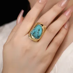 Handmade Irregular Ring For Adults With Natural Stone Turquoise, Featuring Golden Plated Water Plating 3