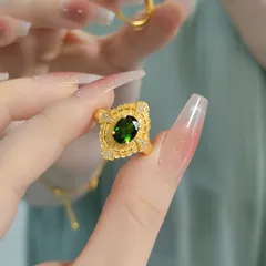 Handmade Oval Open Ring For Women In Green Copper With Electroplated Gold Plating
