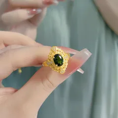 Handmade Oval Open Ring For Women In Green Copper With Electroplated Gold Plating 2