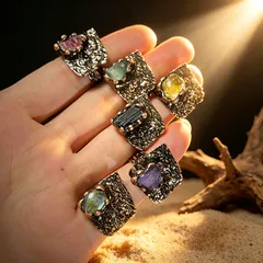 Handmade Women’s Open Ring Featuring Irregular Pattern With Water Plating And Bronze Plating On Natural Stone 4