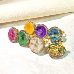 Handmade Women’s Ring Featuring Irregular Pattern With Natural Stone And Rhinestones In Golden Plated Water Plating 4