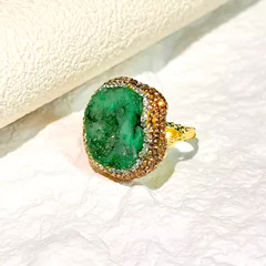 Handmade Women’s Ring Featuring Irregular Pattern With Natural Stone And Rhinestones In Golden Plated Water Plating 5