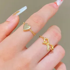 Heart Bowknot Chain Ring Set Alloy Ring Chain Style Women's Jewelry Accessories Valentine's Day Gift