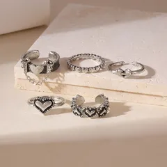 Heart Shape Open Ring For Women In Silver Alloy Featuring Hip-Hop Style With Tassel Craftwork, 1 Set 2