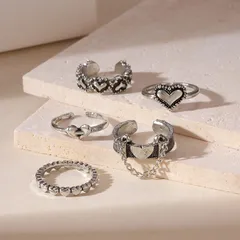 Heart Shape Open Ring For Women In Silver Alloy Featuring Hip-Hop Style With Tassel Craftwork, 1 Set 3