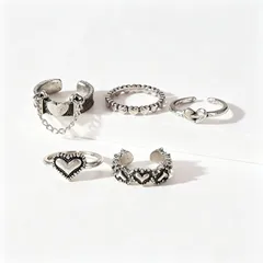Heart Shape Open Ring For Women In Silver Alloy Featuring Hip-Hop Style With Tassel Craftwork, 1 Set 4