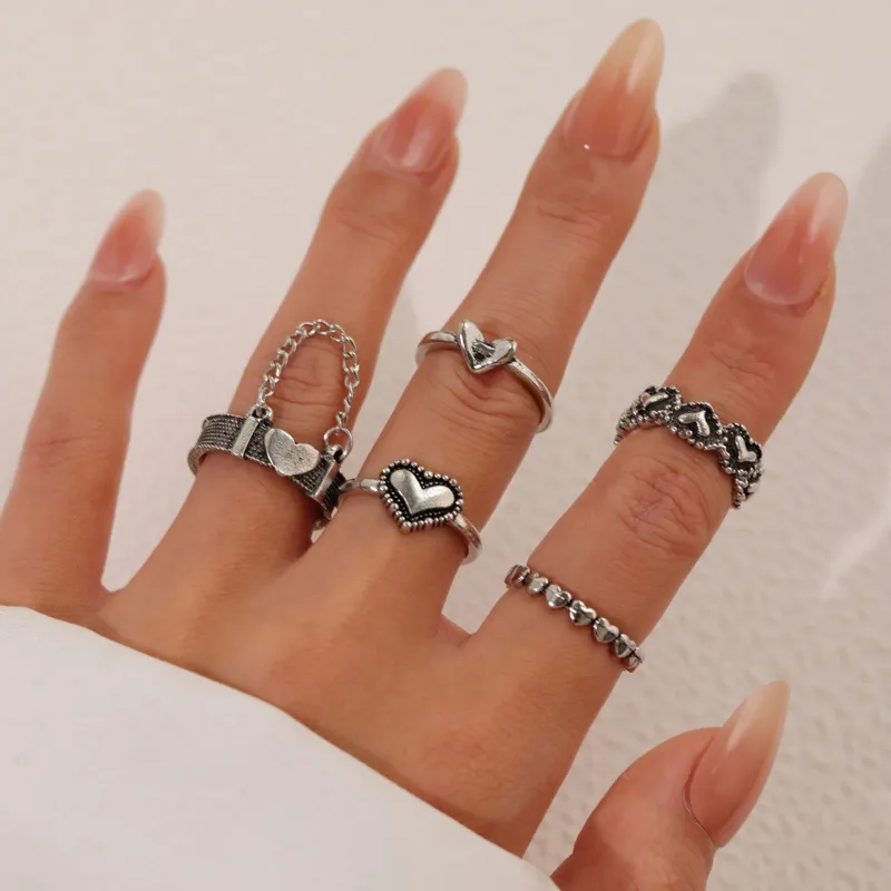 Heart Shape Open Ring For Women In Silver Alloy Featuring Hip-Hop Style With Tassel Craftwork, 1 Set 5