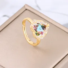 Heart Shape Open Ring For Women In Titanium Steel With Electroplated Gold Plating And Rhinestone Inlay, Perfect For Autumn