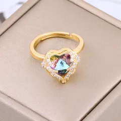 Heart Shape Open Ring For Women In Titanium Steel With Electroplated Gold Plating And Rhinestone Inlay, Perfect For Autumn 2
