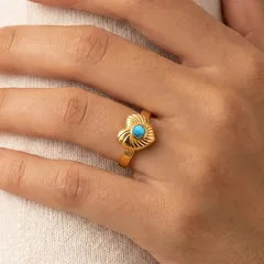 Heart Shape Open Ring For Women In 201 Stainless Steel With 18K Real Gold Plated Coating 0.03µm Featuring Natural Stone