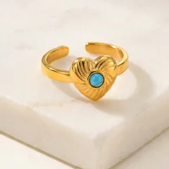Heart Shape Open Ring For Women In 201 Stainless Steel With 18K Real Gold Plated Coating 0.03µm Featuring Natural Stone 2