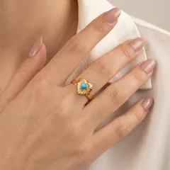 Heart Shape Open Ring For Women In 201 Stainless Steel With 18K Real Gold Plated Coating 0.03µm Featuring Natural Stone 4