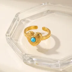 Heart Shape Open Ring For Women In 201 Stainless Steel With 18K Real Gold Plated Coating 0.03µm Featuring Natural Stone 5