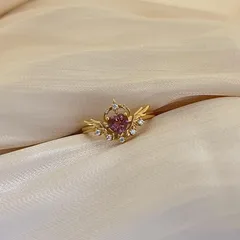 Heart Shape Open Ring For Women In Natural Pink Copper With Rhinestones, Featuring Electroplated Finish