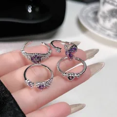 Heart Shape Open Rings For Women, 4 Pieces Set In Purple Alloy With Zircon Inlay