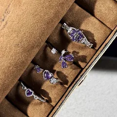 Heart Shape Open Rings For Women, 4 Pieces Set In Purple Alloy With Zircon Inlay 2