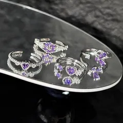 Heart Shape Open Rings For Women, 4 Pieces Set In Purple Alloy With Zircon Inlay 3