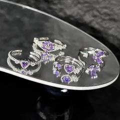 Heart Shape Open Rings For Women, 4 Pieces Set In Purple Alloy With Zircon Inlay 4